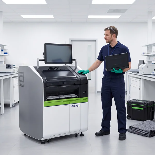 Diamond field engineer installing a refurbished Abbott Alinity c analyzer on site