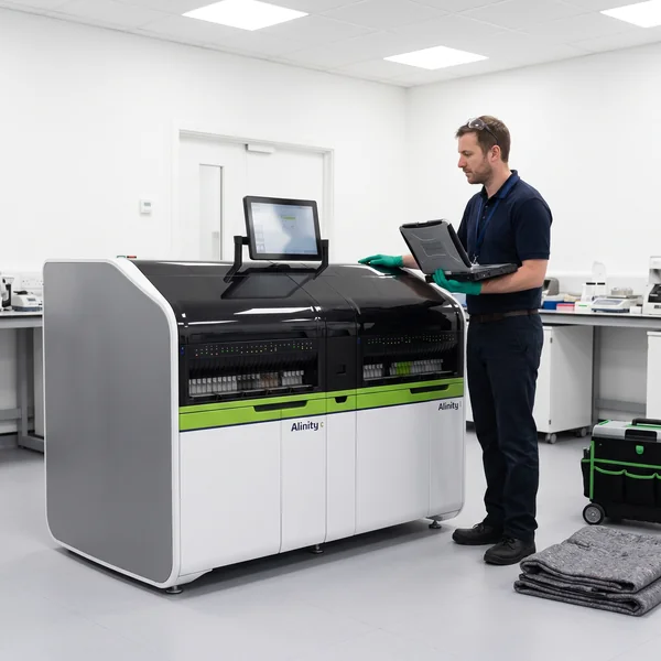 Diamond field engineer installing a refurbished Abbott Alinity ci analyzer on site
