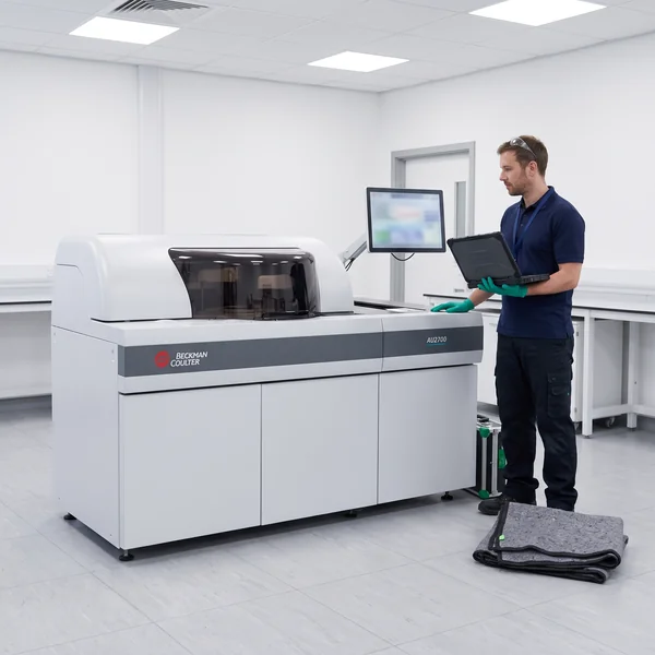 Diamond field engineer installing a refurbished Beckman Coulter AU2700 analyzer on site