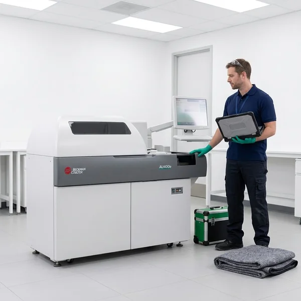 Diamond field engineer installing a refurbished Beckman Coulter AU400 analyzer on site