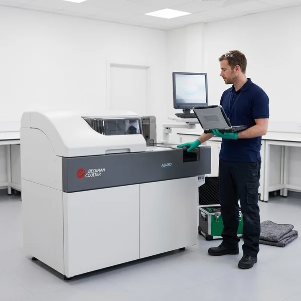 Diamond field engineer installing a refurbished Beckman Coulter AU480 analyzer on site