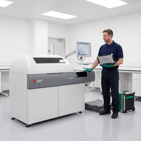 Refurbished Beckman Coulter AU640 Chemistry Analyzer installed in a laboratory by a Diamond field engineer