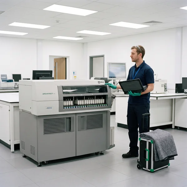 Diamond field engineer installing a refurbished Abbott Architect c4000 analyzer on site