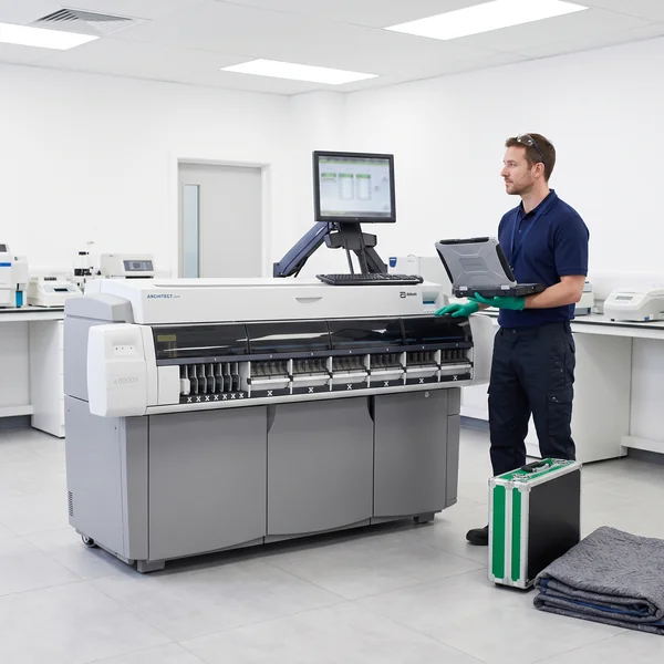 Diamond field engineer installing a refurbished Abbott Architect c8000 analyzer on site