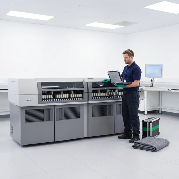 Diamond field engineer installing a refurbished Abbott Architect ci4100 analyzer on site