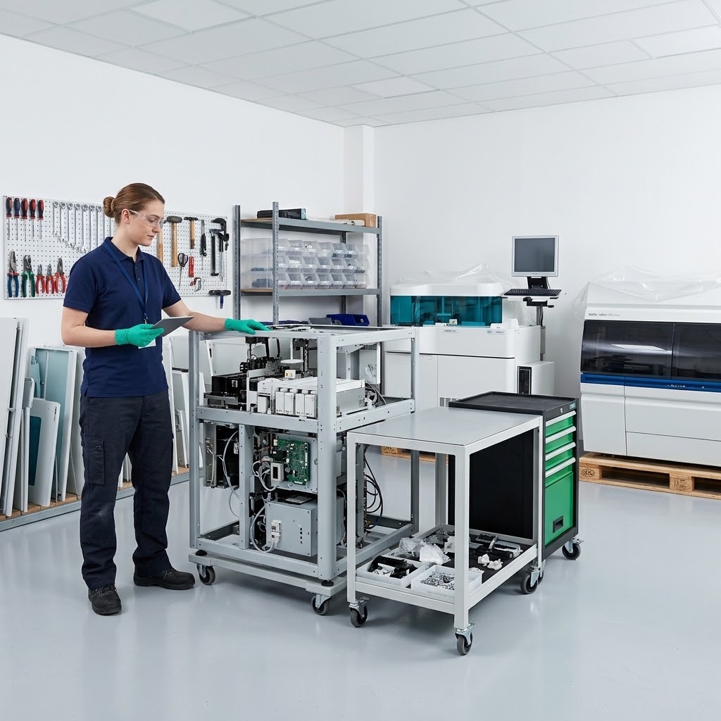 Diamond technician rebuilding an analyzer down to the frame beside finished refurbished analyzers