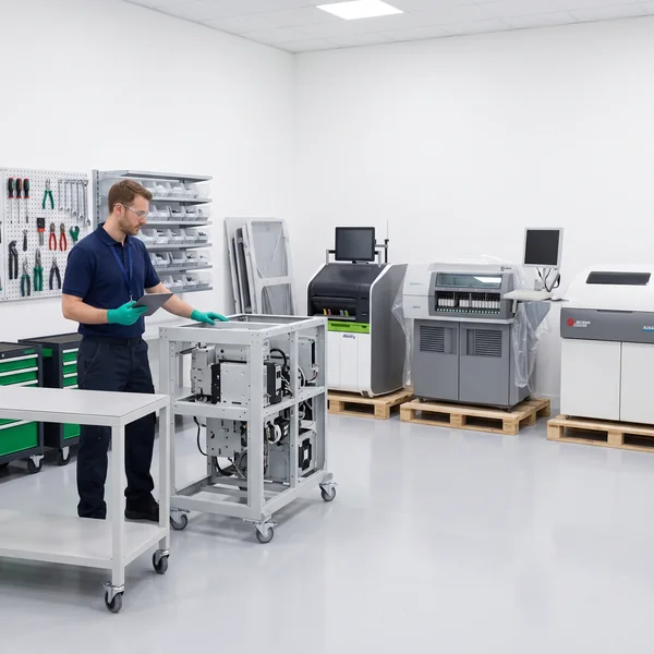 Diamond technician rebuilding an analyzer down to the frame beside finished refurbished analyzers