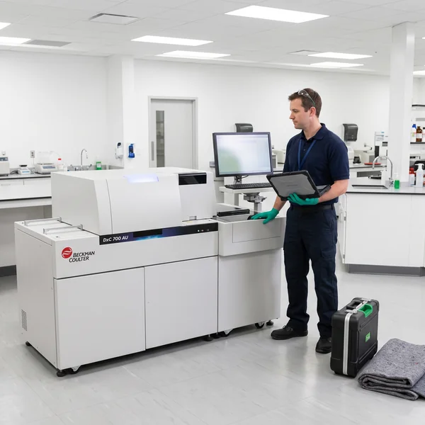 Diamond field engineer installing a refurbished Beckman Coulter DxC 700 AU analyzer on site